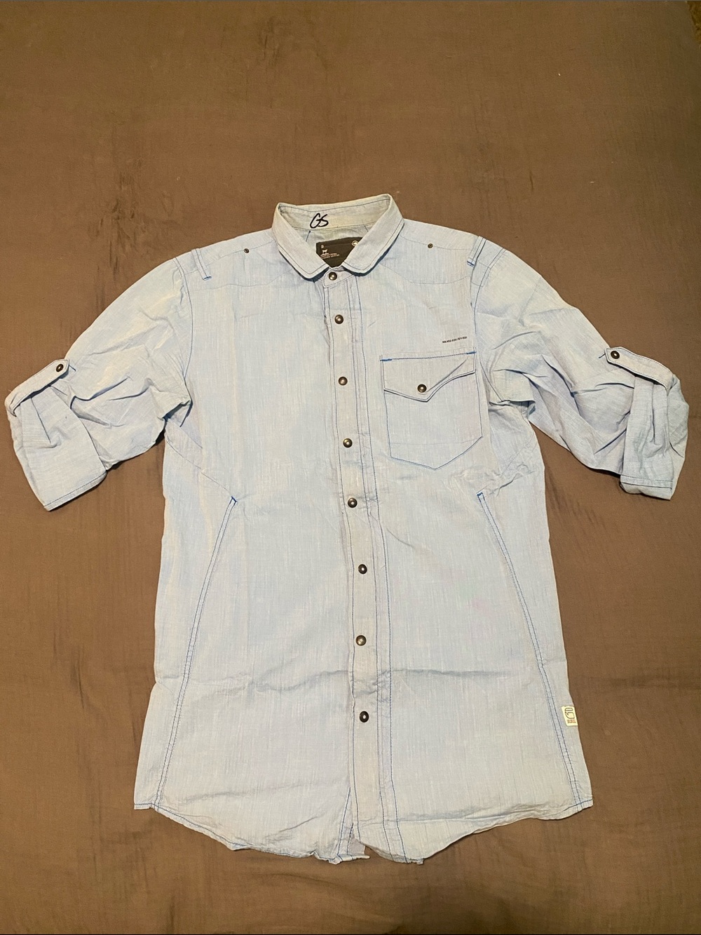 Light Blue Men's Button-Up Shirt with Roll-Tab Sleeves